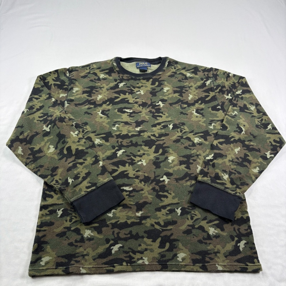 Polo Ralph Lauren Thermal Shirt Men 2XL Green Camo Waffle Knit Crew Neck Stretch